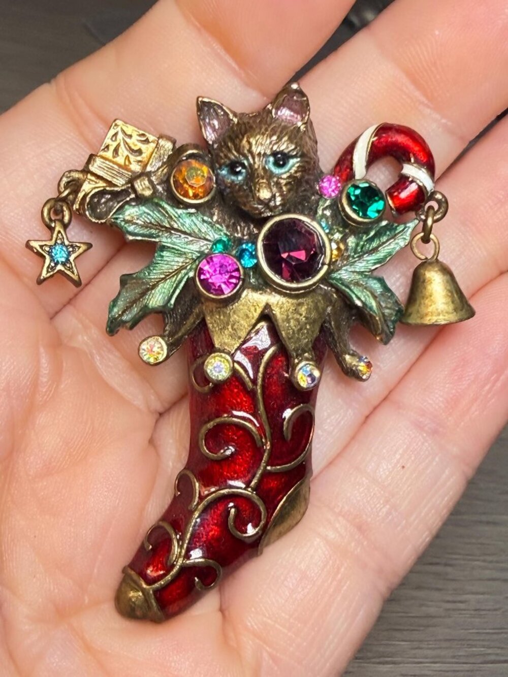 Sweet Romance Cat Brooch Vintage Christmas Stocking Rhinestone Pin